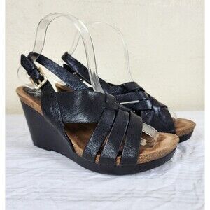 Sofft Black Leather Wedge Sandals 8.5 M Strappy Slingback Cork Platform Comfort